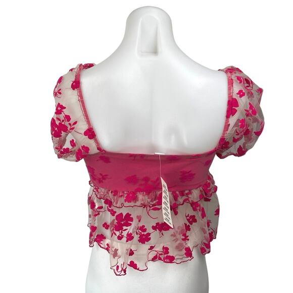 NEW Urban Outfitters Kimchi Blue Claudia Pink Floral Mesh Babydoll Blouse Top M - Picture 6 of 9